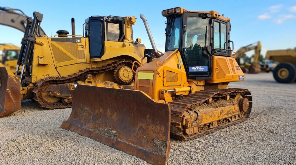 Tratores de esteiras Komatsu D51 e Caterpillar D8T usados no pátio da WebPesados, Atibaia/SP